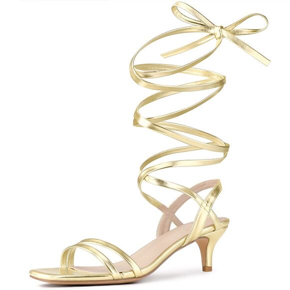 Strappy Lace Up Slingback Kitten Heel Sandals Gold - Picture 1 of 6